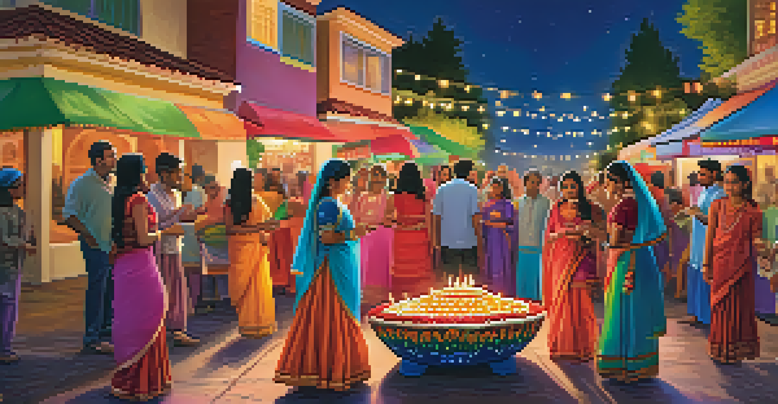 A lively street scene during Diwali celebration, featuring decorated homes, dancers, and food stalls.