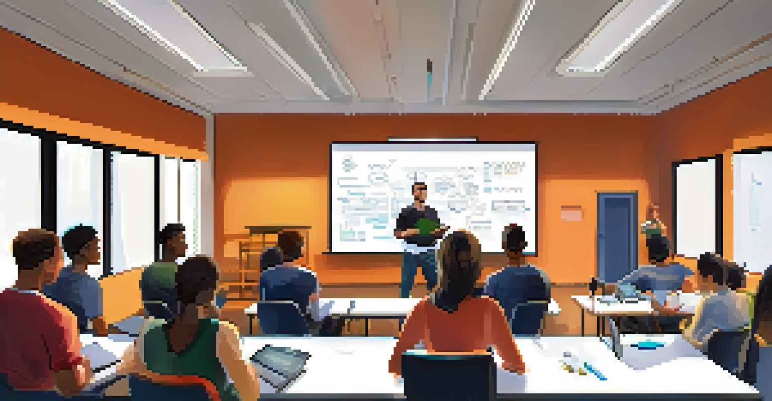 A workshop scene where a mentor is teaching a group of young adults about technology and skill development.
