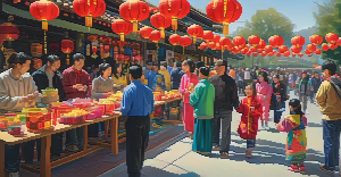 A lively street scene at the Lunar New Year Festival in Cupertino, featuring families enjoying traditional foods and a lion dance, surrounded by colorful decorations.