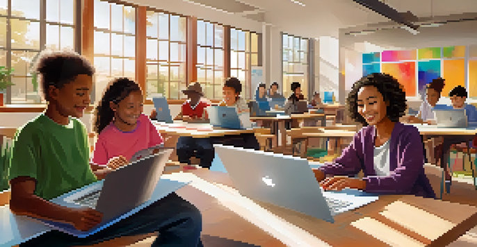 A diverse group of people participating in a digital literacy workshop in a community center, with laptops and tablets on tables.