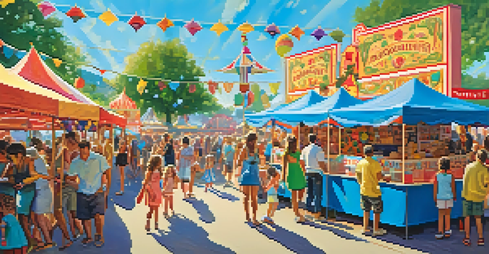 A lively summer festival with colorful booths, families enjoying music, and children playing games under a clear blue sky.