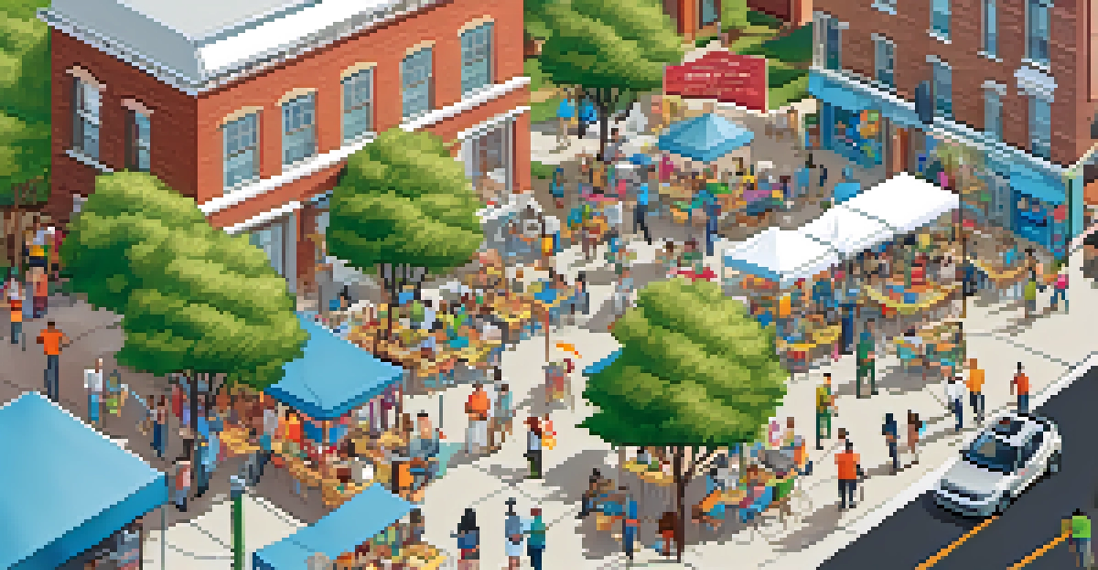 An overhead view of a community financial literacy event in a park, with people engaging in activities, colorful banners, and booths under a clear blue sky.
