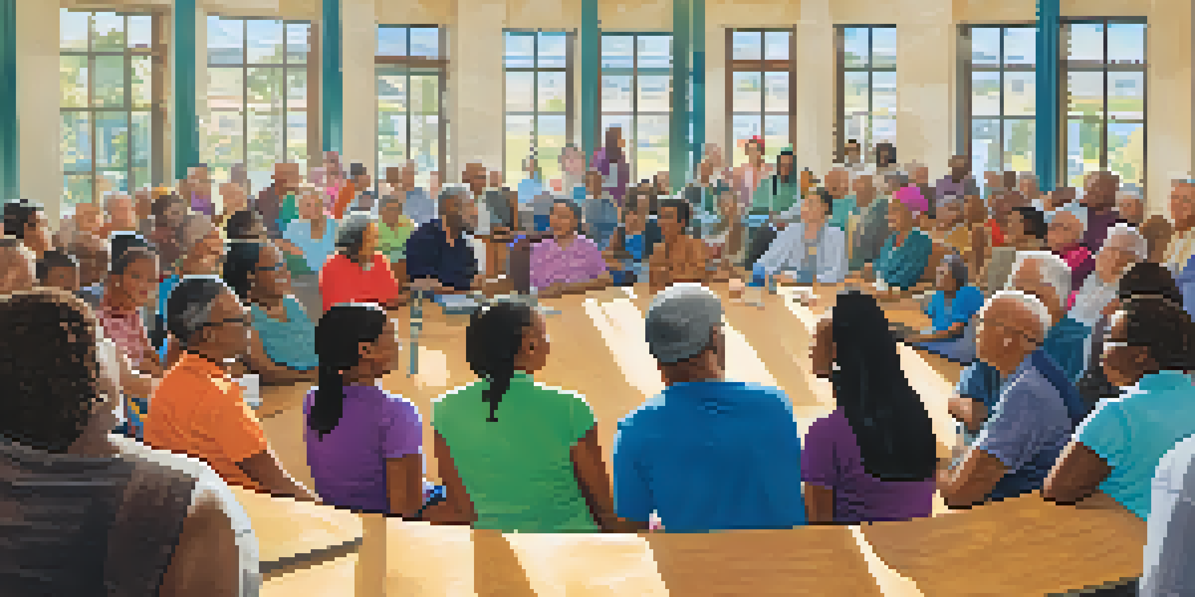 A diverse group of community members in a town hall meeting, discussing civic issues in a bright community center.