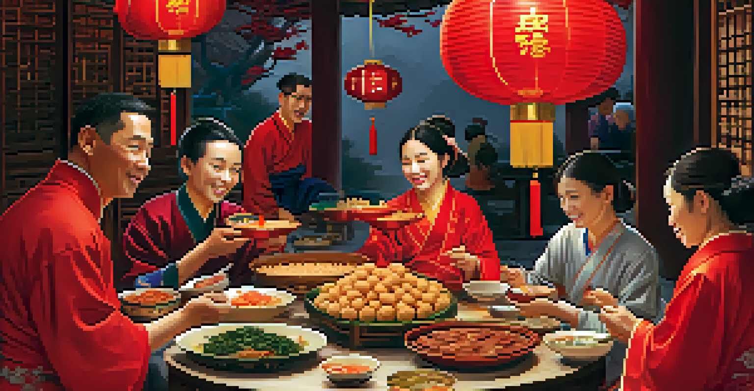 Families gathering to celebrate Lunar New Year with traditional food and decorations.