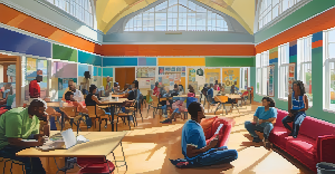Interior of a lively community center with diverse individuals participating in mental health workshops, surrounded by colorful artwork and bright natural light.