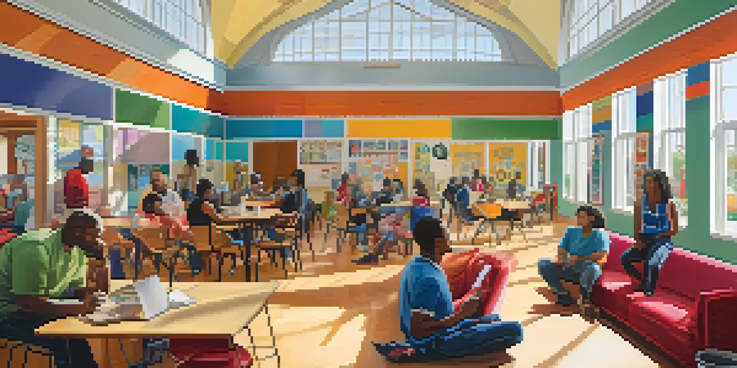 Interior of a lively community center with diverse individuals participating in mental health workshops, surrounded by colorful artwork and bright natural light.