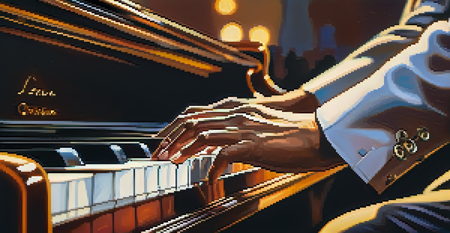 A close-up of a jazz musician's hands playing a piano, with sheet music and a microphone, illuminated by soft stage lights.