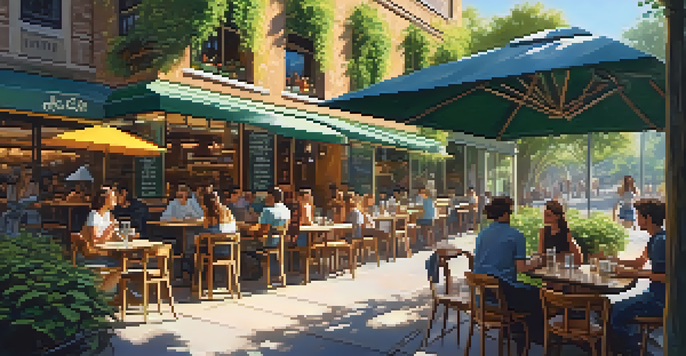 An outdoor café with a vertical garden, patrons enjoying drinks, and sunlight filtering through leaves.