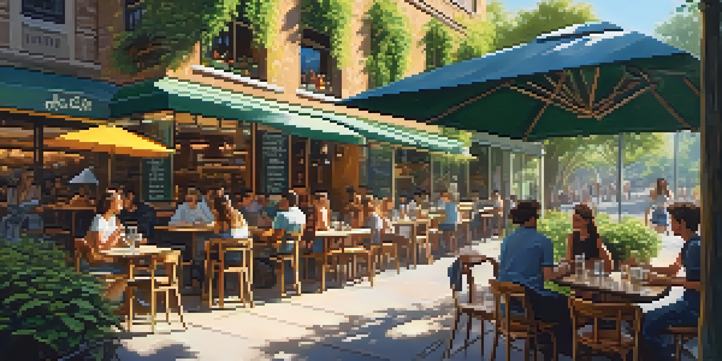 An outdoor café with a vertical garden, patrons enjoying drinks, and sunlight filtering through leaves.