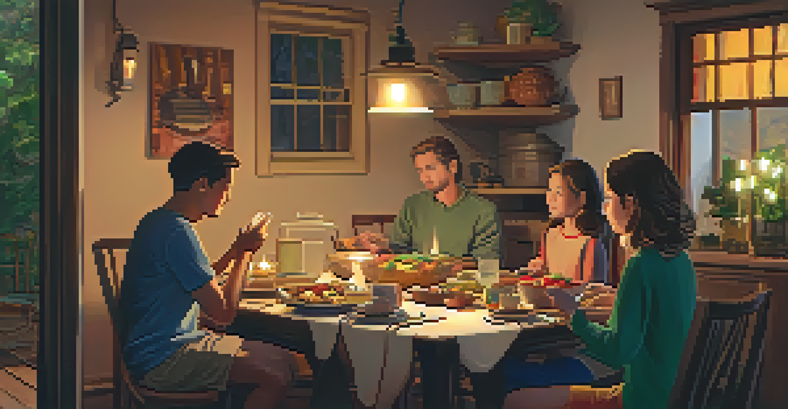 A family enjoying dinner together, with digital devices stored away, highlighting a digital detox.