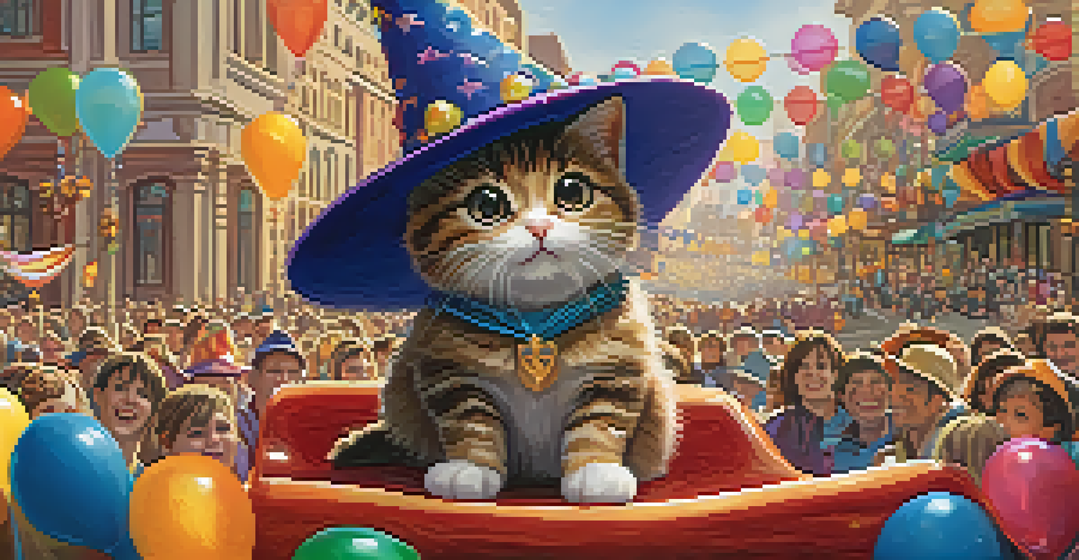 A small cat in a wizard costume on a float at a pet parade.