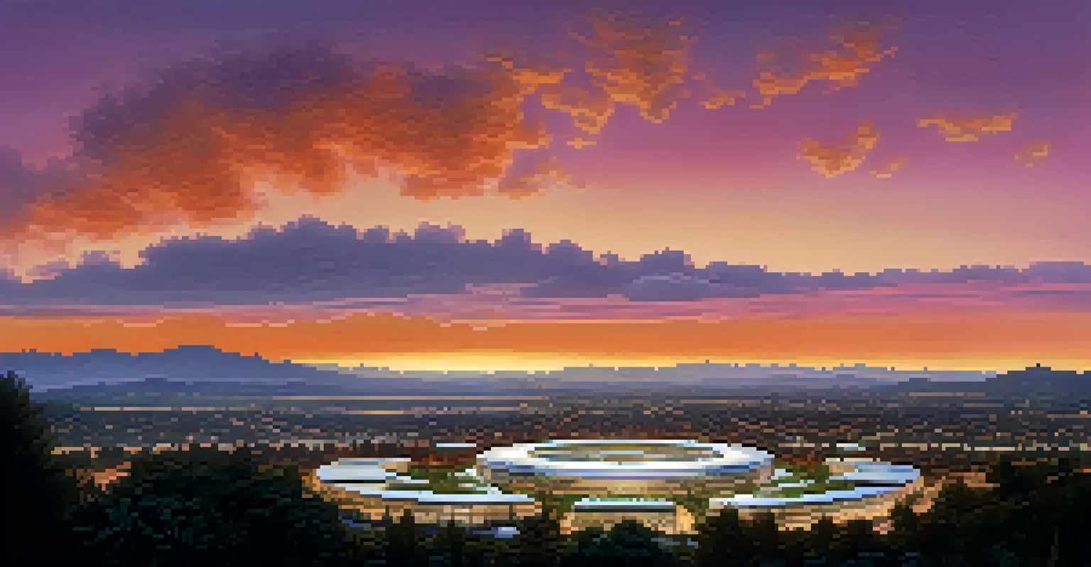 A panoramic view of Cupertino's skyline at sunset, featuring the Apple headquarters and vibrant colors in the sky.