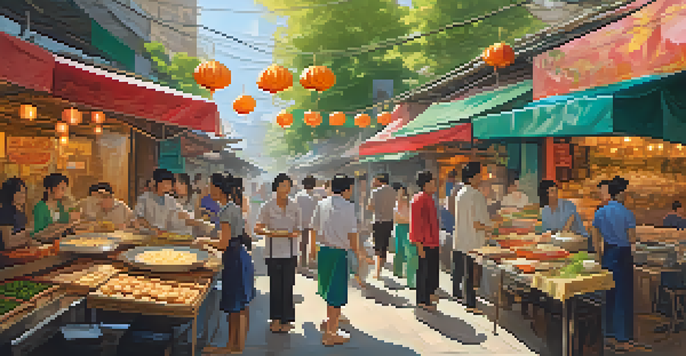 A lively Asian neighborhood with food stalls and people enjoying delicious dishes under colorful banners.