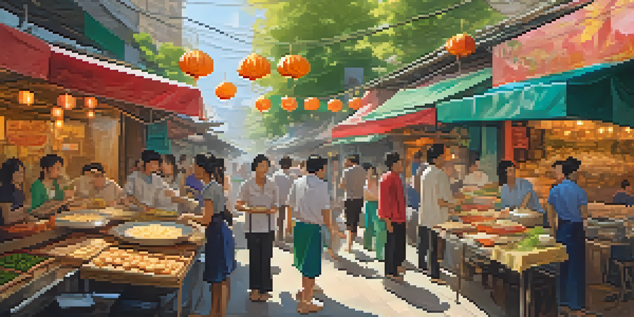 A lively Asian neighborhood with food stalls and people enjoying delicious dishes under colorful banners.