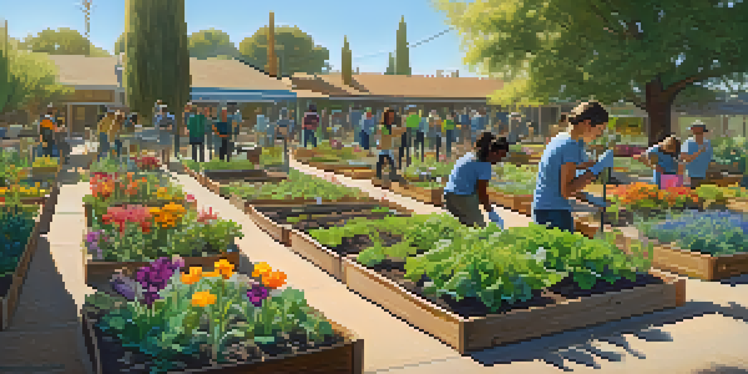 Students engaging in a community garden, planting flowers and vegetables under warm sunlight.