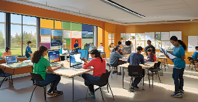 A community workshop in Cupertino with diverse individuals participating in skills training, collaborating on projects, and using laptops, all under bright natural light.