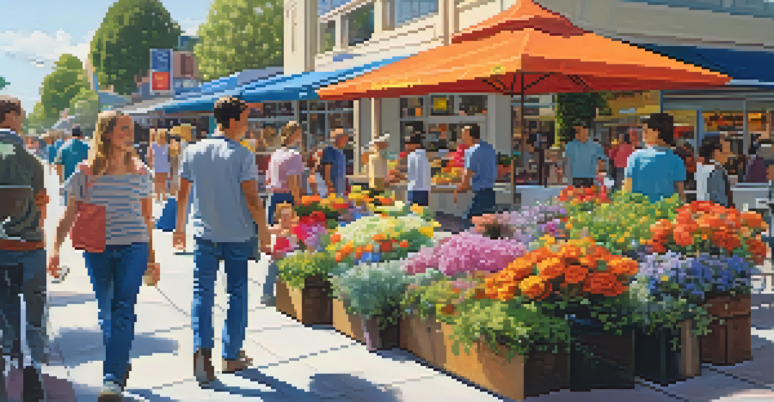 A lively shopping street in Cupertino with people walking, outdoor cafes, and colorful shops.