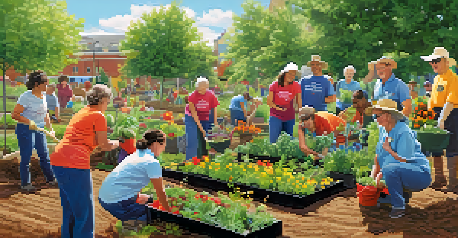 Residents volunteering in a community garden, planting flowers and vegetables with smiles and teamwork, under a clear blue sky.