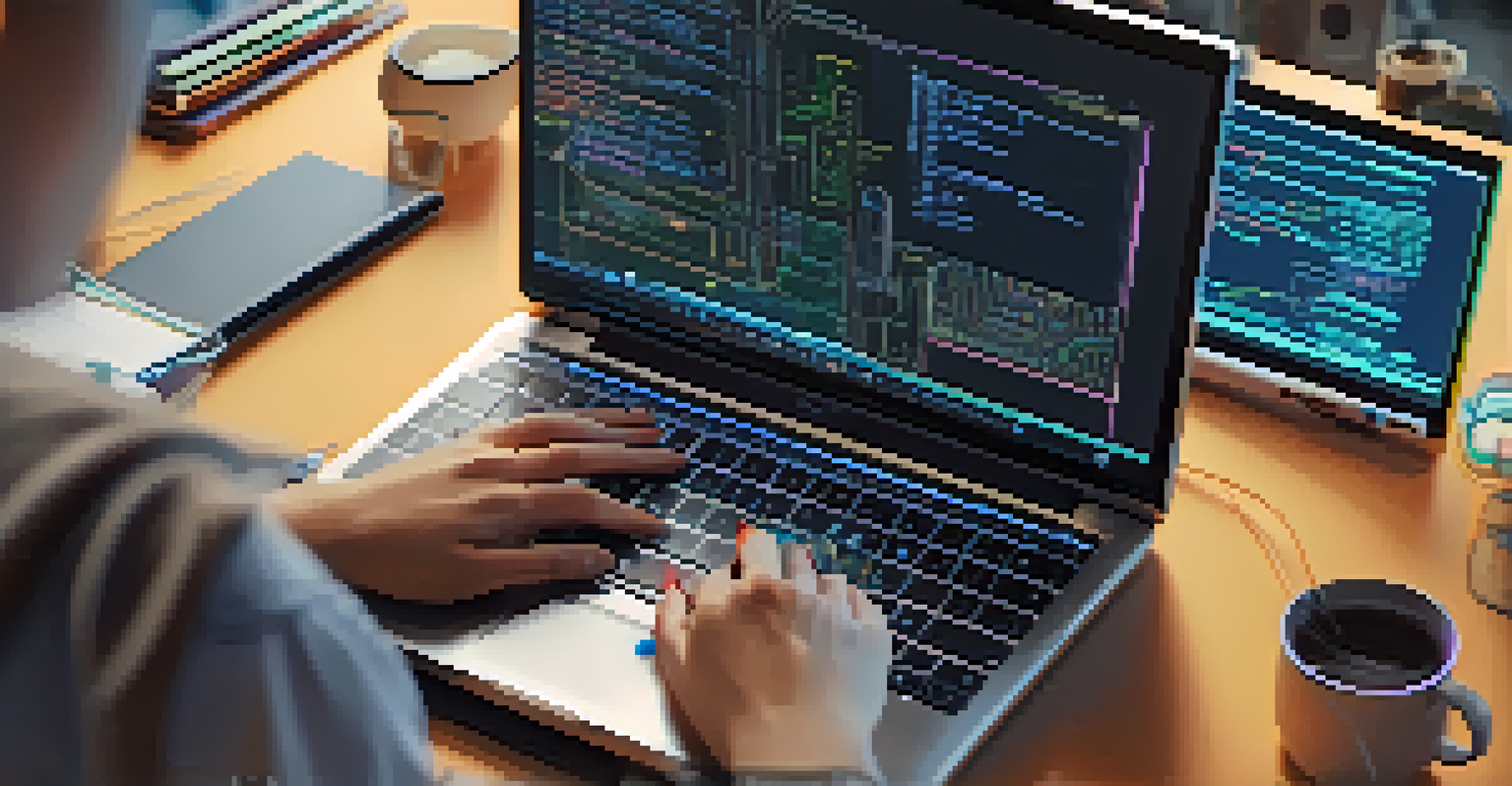 A close-up of a student's hands typing code on a laptop surrounded by various tech gadgets.