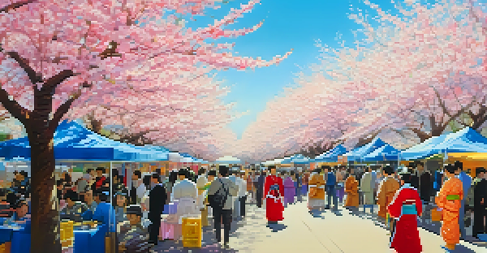 A lively festival scene featuring cherry blossoms, people in traditional outfits, and food stalls in a sunny setting.