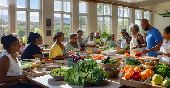 A diverse group of people participating in a community health workshop focused on healthy cooking, with fresh produce on the table and a health expert demonstrating meal prep techniques.
