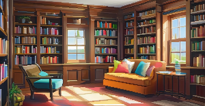 A warm and inviting library with wooden bookshelves, colorful books, and digital resources. Cozy reading nook with plush chairs and natural light coming from a window.
