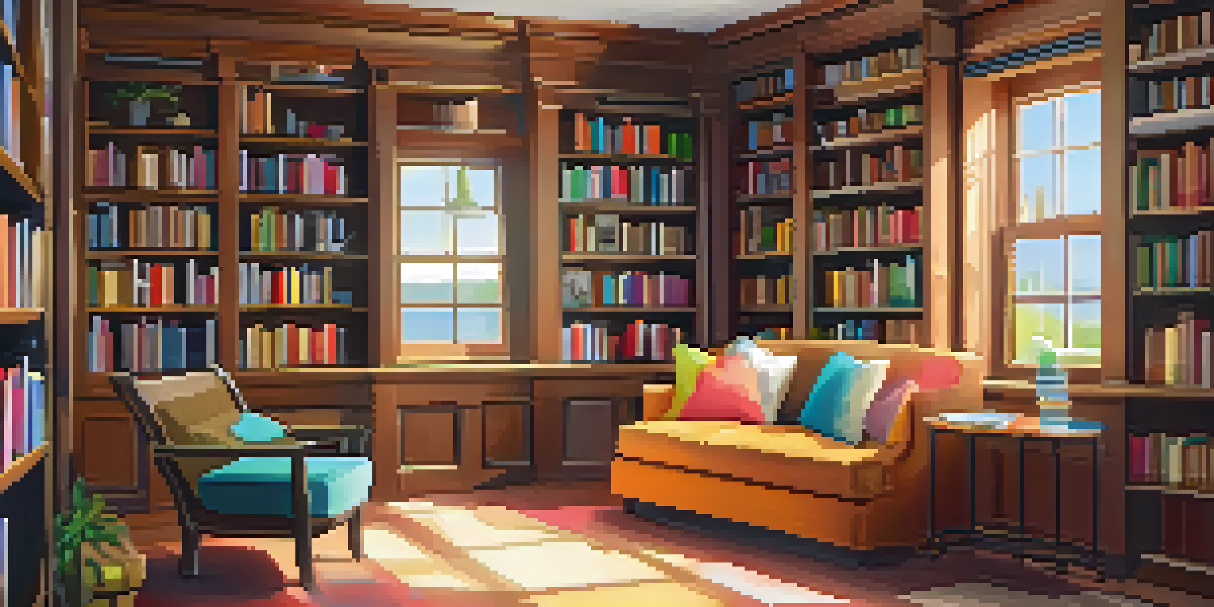 A warm and inviting library with wooden bookshelves, colorful books, and digital resources. Cozy reading nook with plush chairs and natural light coming from a window.