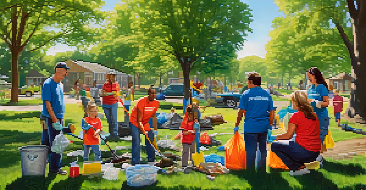 A multi-generational family participating in a park clean-up event, smiling and working together.