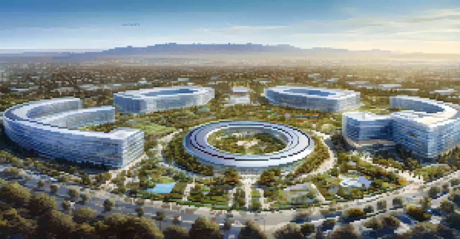 Aerial view of Cupertino showing Apple's headquarters surrounded by residential areas and a clear blue sky.