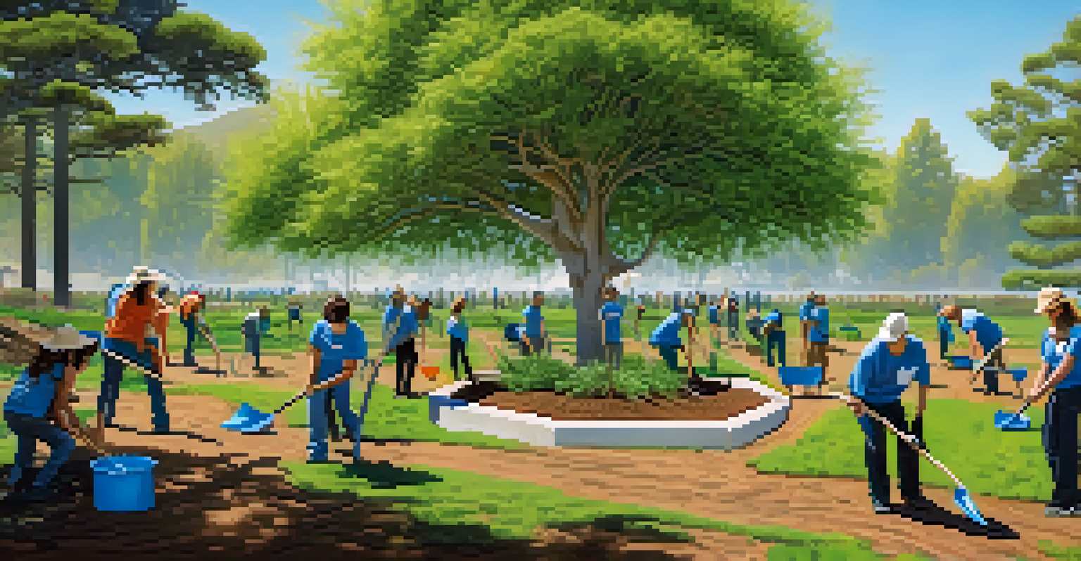 Volunteers planting native trees in a sunny park, surrounded by greenery and a clear blue sky, showcasing teamwork and environmental care.