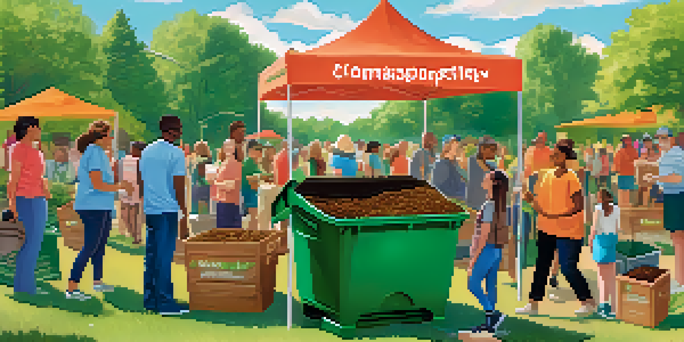 A group of diverse residents participating in a community composting event in a park, sharing tips around a compost bin.