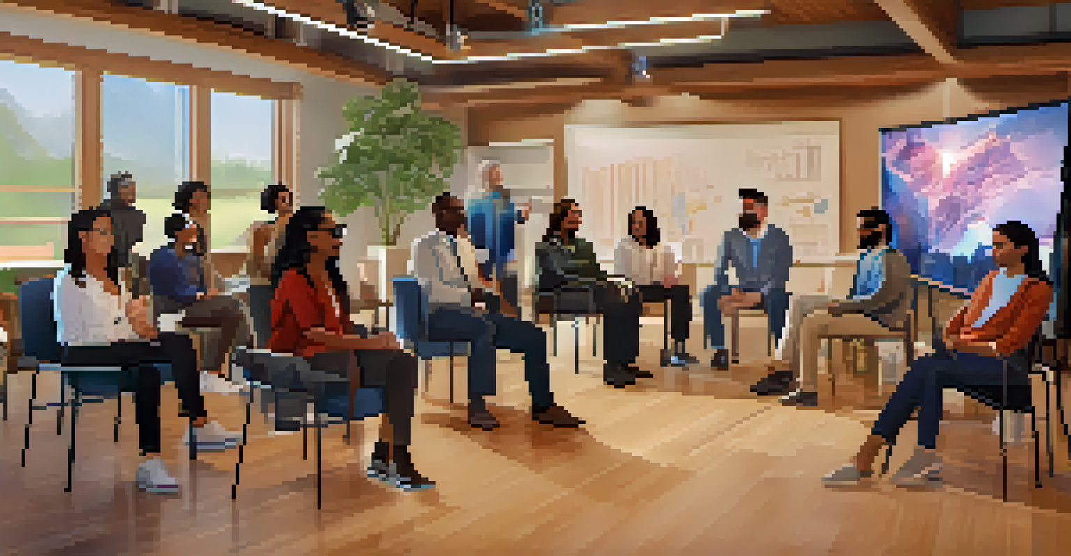 Diverse individuals attending a virtual town hall meeting in a vibrant augmented reality setting.
