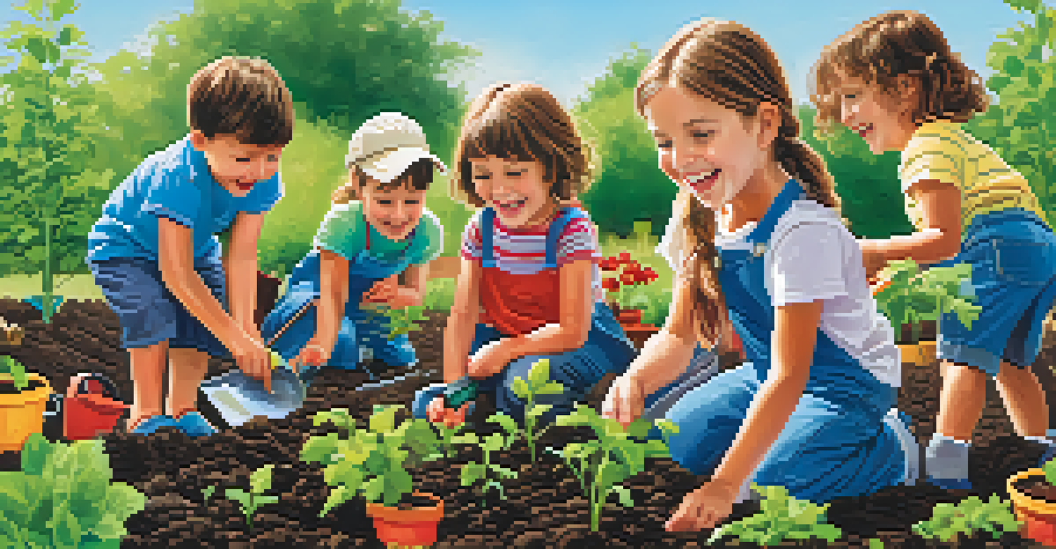 Children happily planting seeds in a community garden, surrounded by gardening tools and plants.
