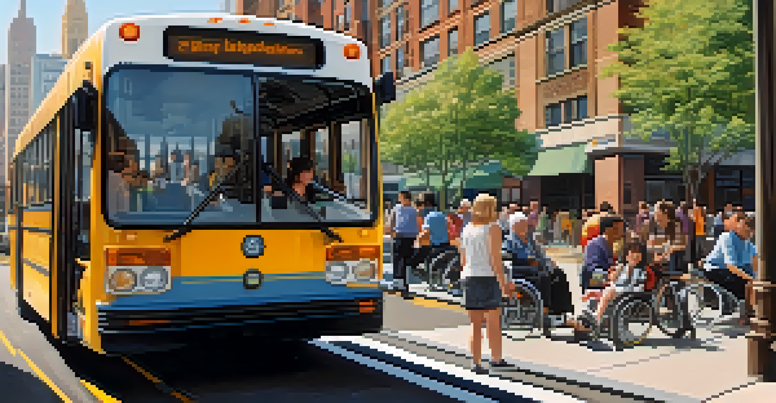 A busy city street with an accessible low-floor bus and diverse individuals boarding, surrounded by pedestrians and cyclists in a sunny atmosphere.