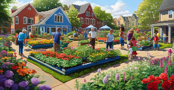 A diverse group of neighbors working together in a colorful community garden under warm sunlight.