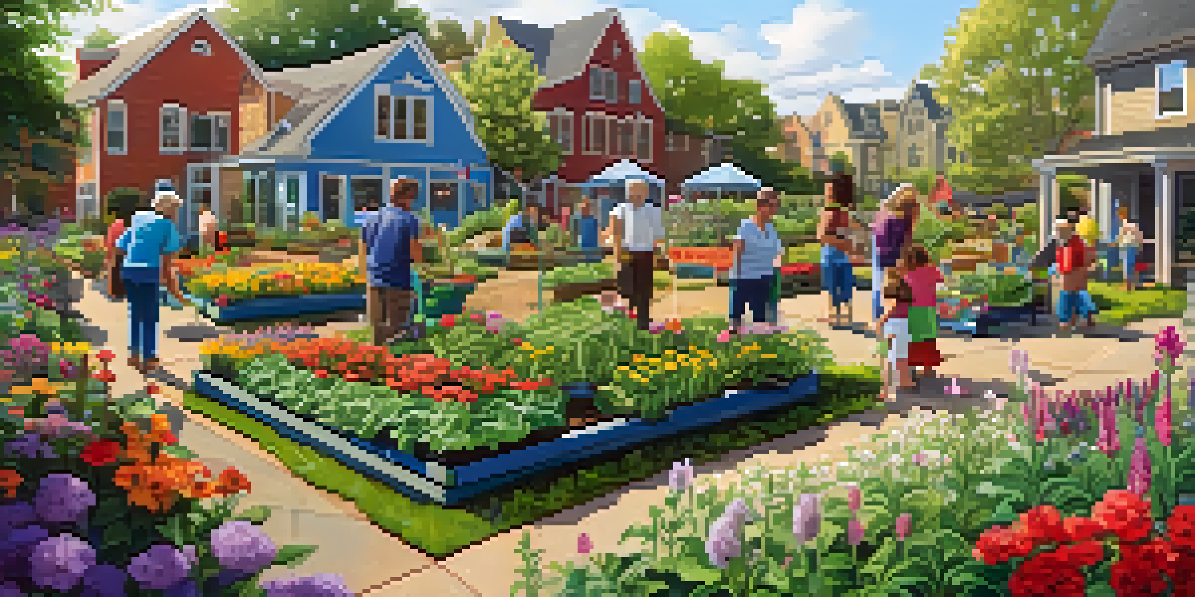 A diverse group of neighbors working together in a colorful community garden under warm sunlight.