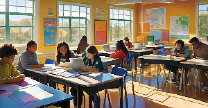A lively classroom with students of various backgrounds working together on laptops, with a teacher assisting them and sunlight pouring in through the windows.