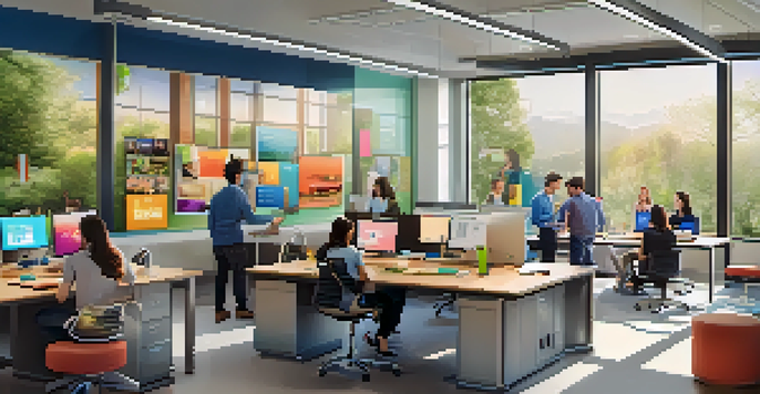 A vibrant startup office with diverse young professionals collaborating around a table, filled with modern furniture and tech devices, showcasing a lively atmosphere of innovation.