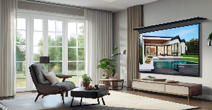 A person engaged in a virtual real estate tour on a tablet, with a modern room in the background.