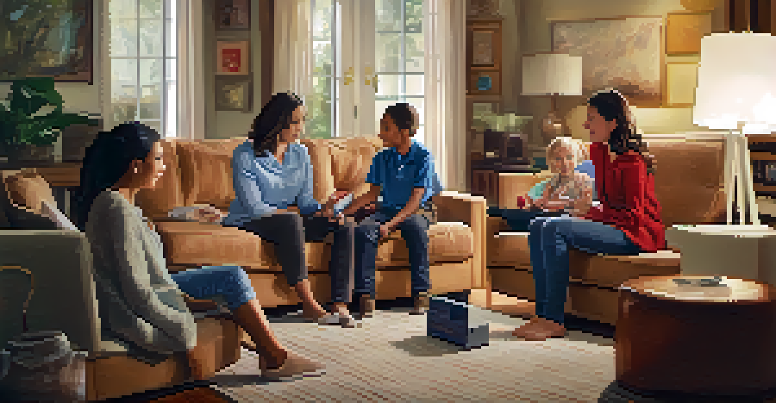 A family discussing their emergency preparedness plan in a cozy living room with an emergency kit in the background.