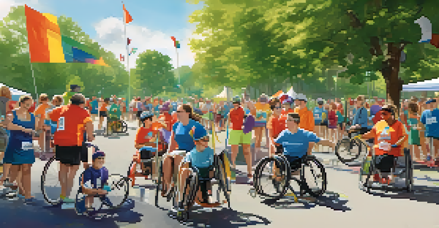 A community event with athletes participating in various adaptive sports, surrounded by supportive families and friends in a sunny park.