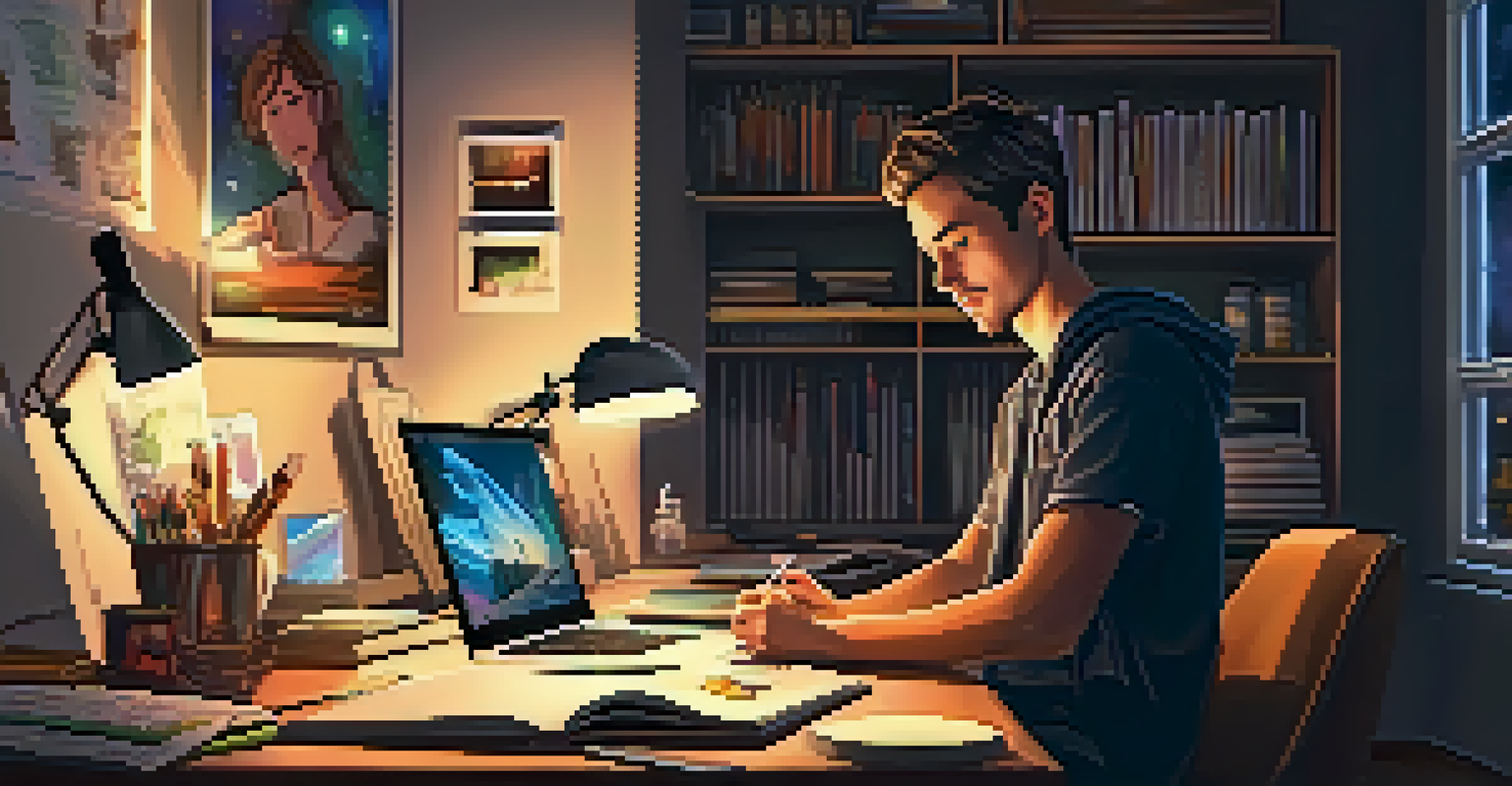 A graphic designer working late at night with a glowing computer screen and art supplies around.