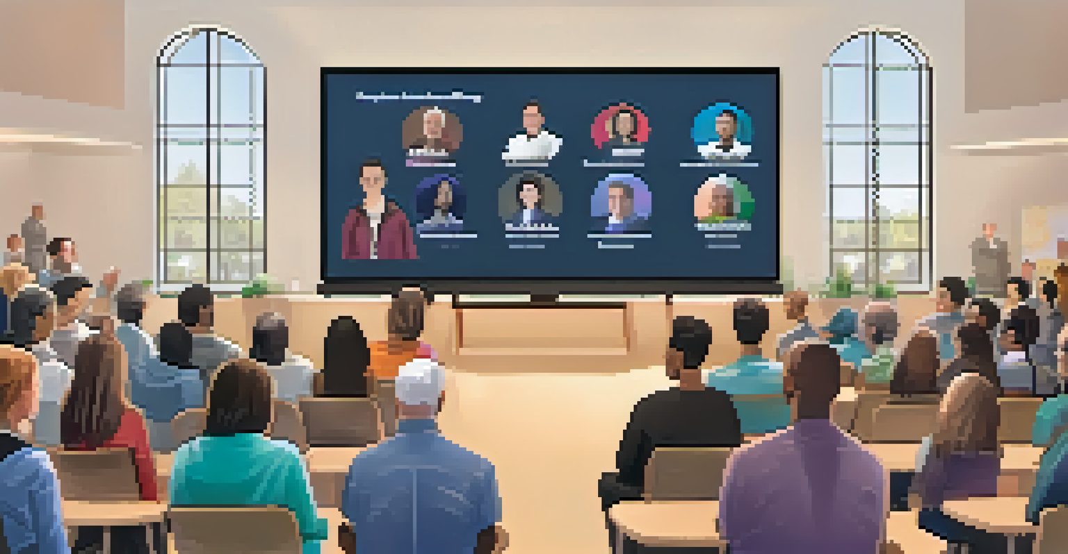 A diverse group of residents participating in a virtual town hall meeting, with screens showing online attendees and AI tools in use.