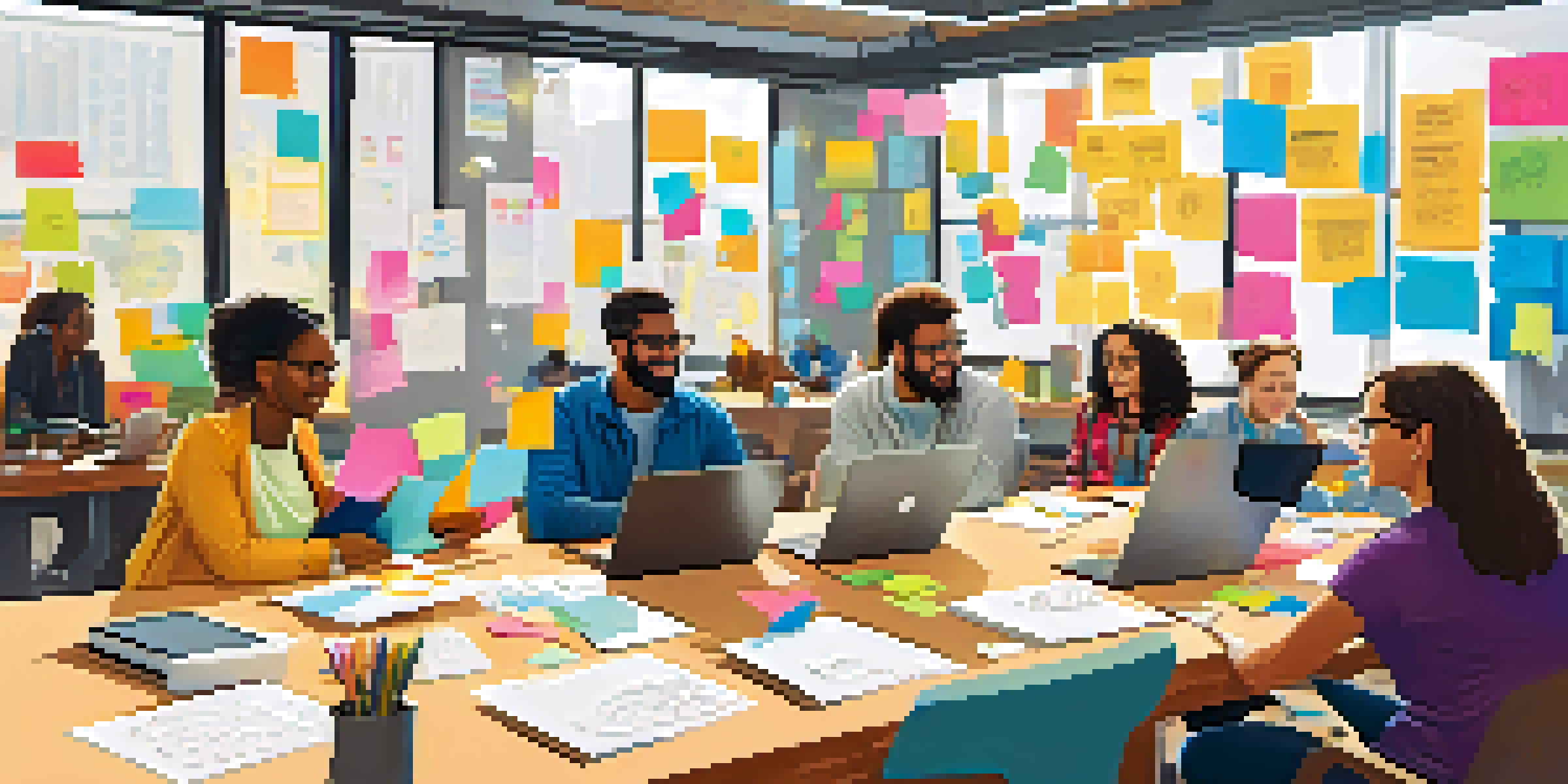 A diverse group of people in a bright workshop space, collaborating on ideas with colorful post-it notes and laptops.