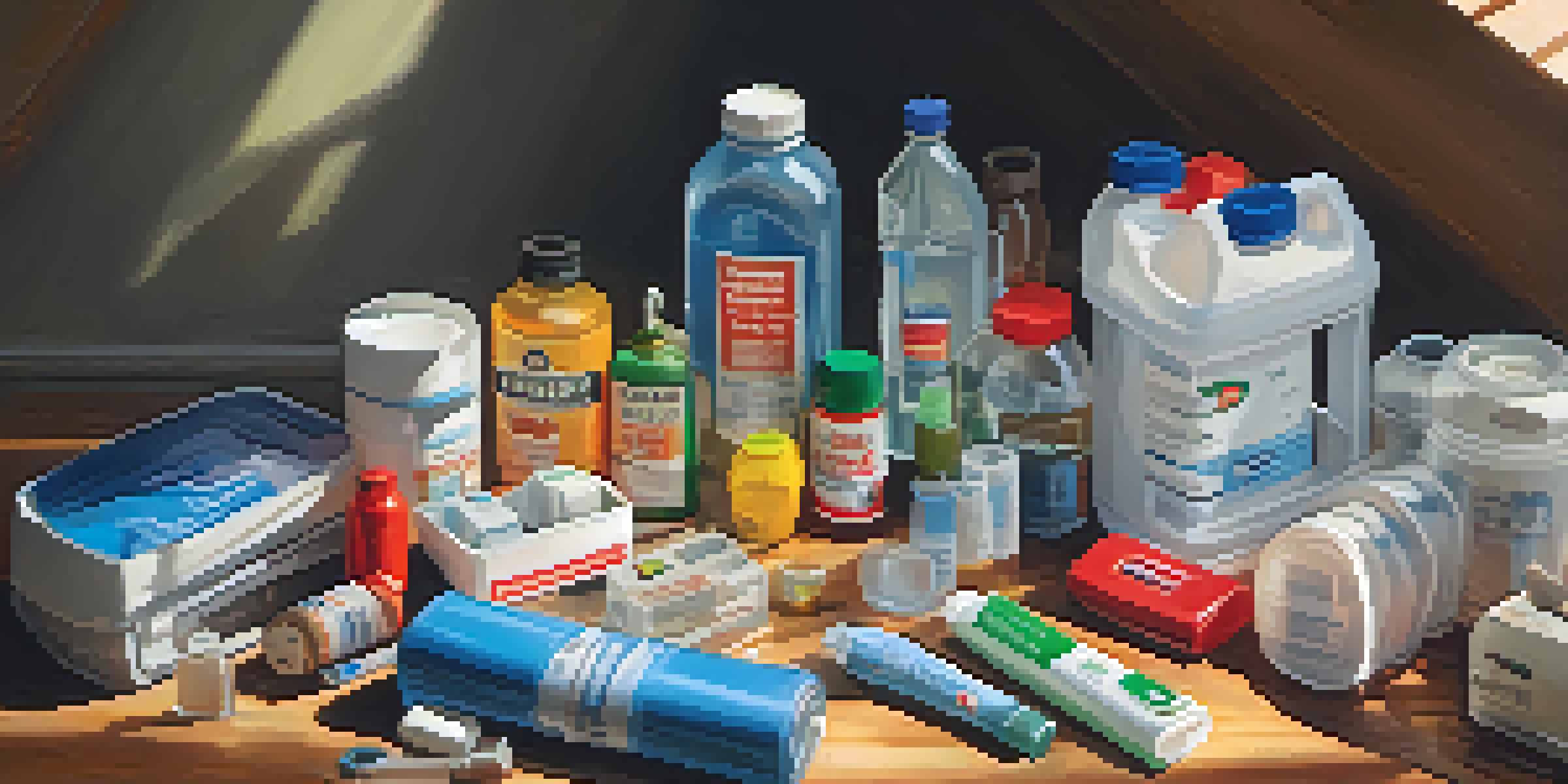 A well-organized emergency supply kit on a wooden table, filled with essential items like water, food, and first aid supplies, with sunlight illuminating the scene.
