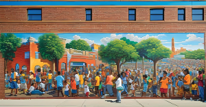 A colorful mural on a brick wall showing a diverse group of people interacting in a lively community scene, surrounded by greenery.