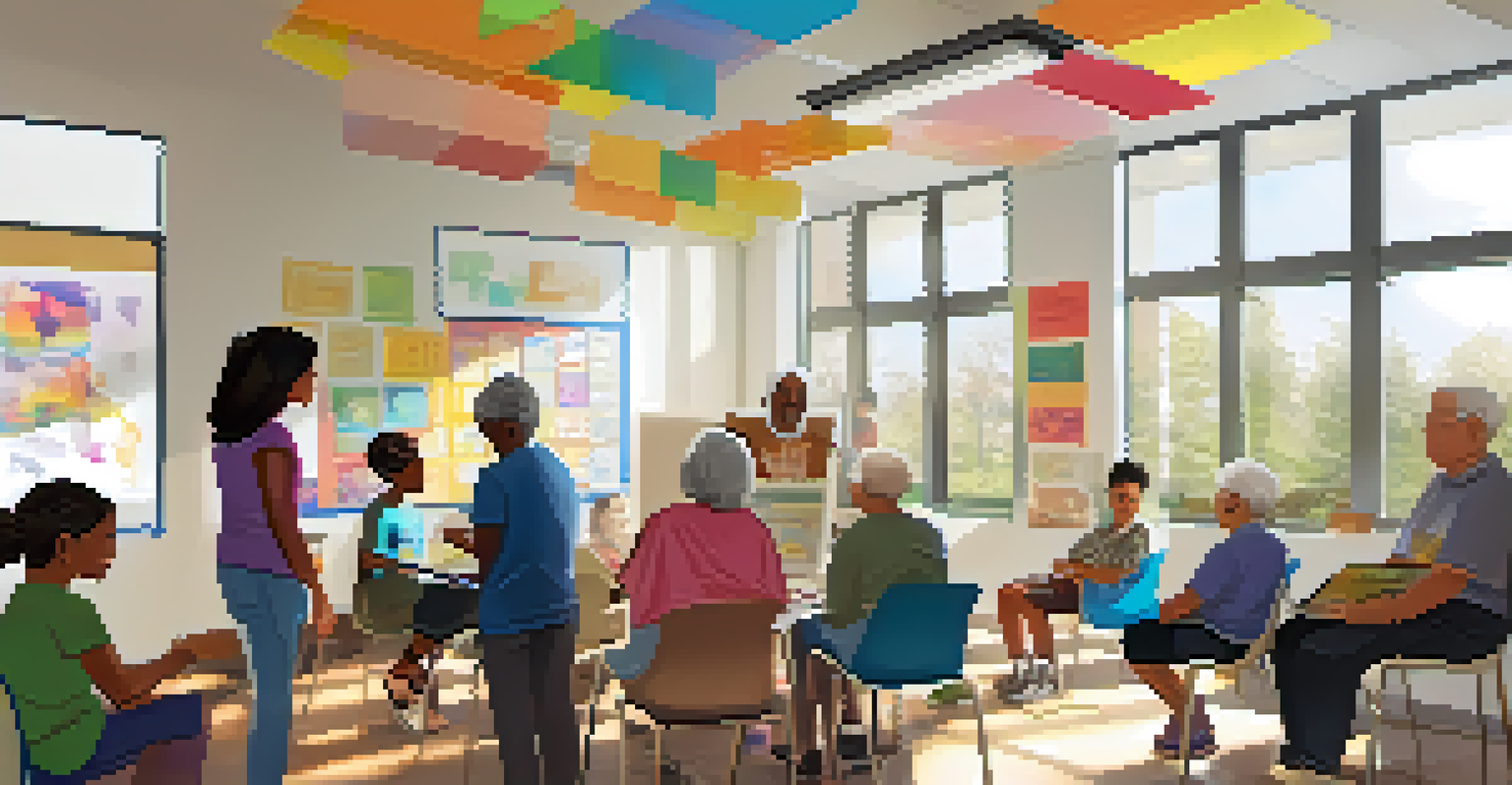 Younger individuals teaching elderly participants about digital devices in a bright community center.