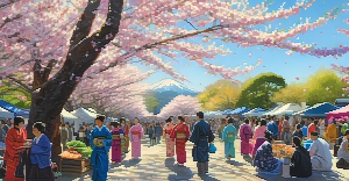 A lively festival scene with cherry blossoms and diverse people enjoying performances and food stalls.