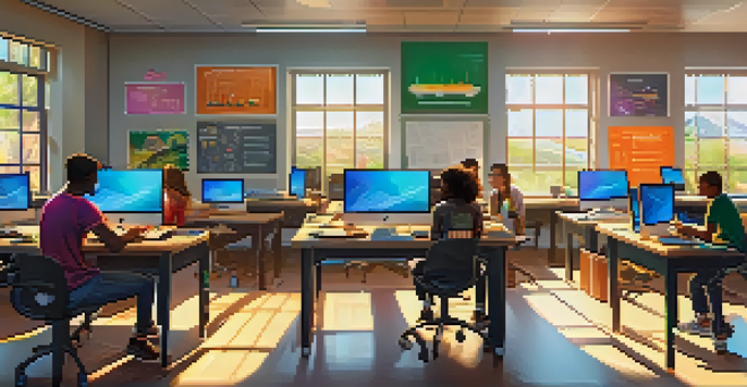 A diverse group of students working together in a modern classroom filled with technology and sunlight.