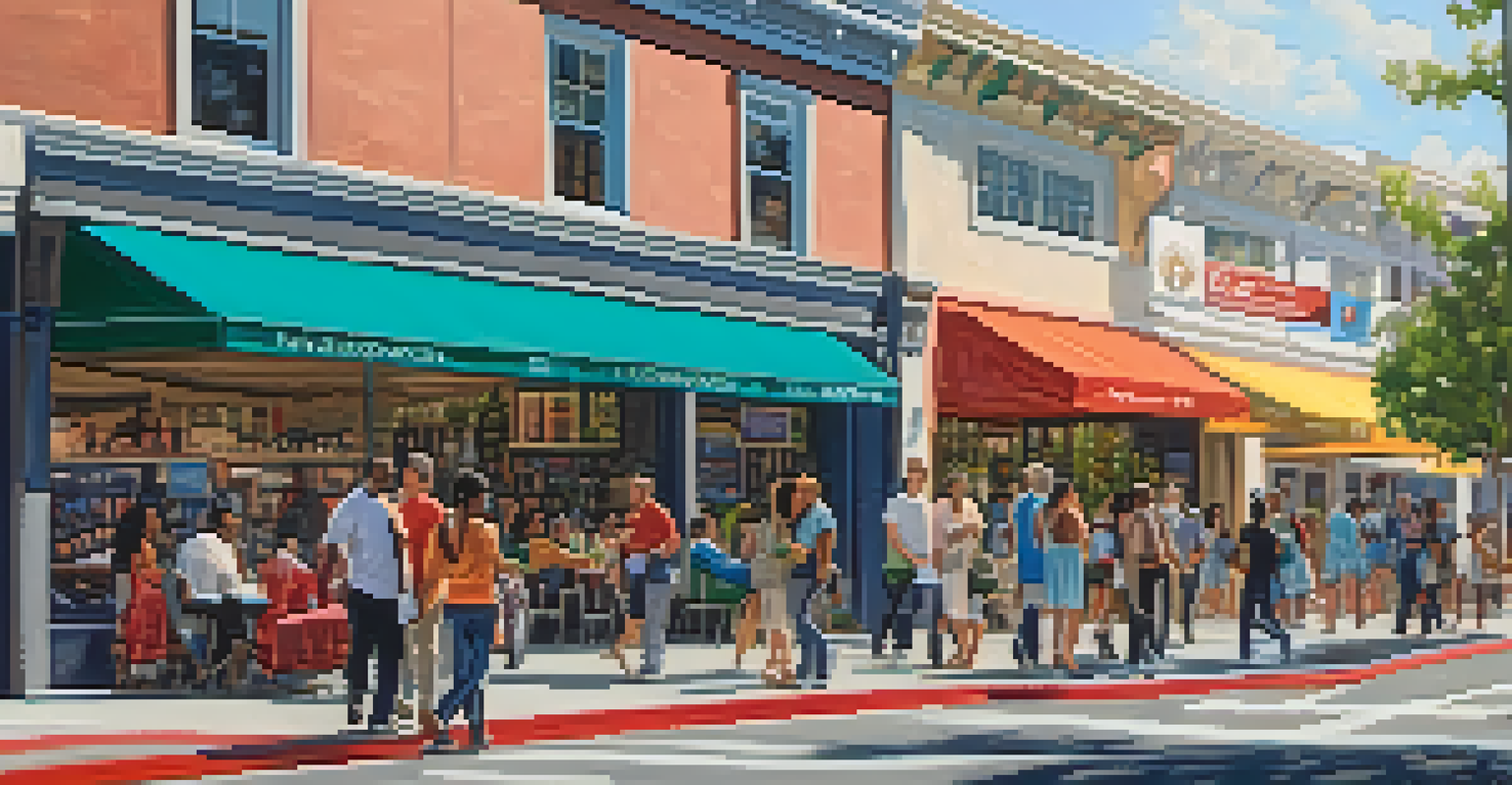 A lively street in Cupertino with diverse people and local businesses, showcasing a sense of community and inclusivity.